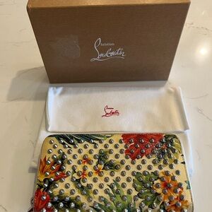 Christian Louboutin Panettone Spike Zip Wallet Hawaii Print Crackled Calfskin
